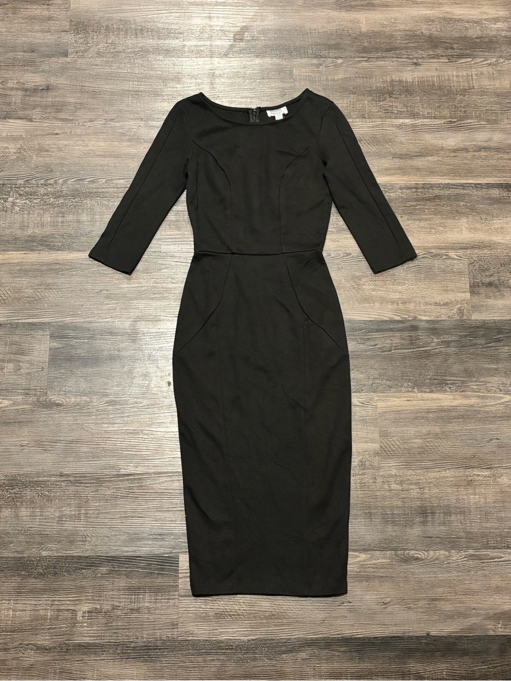 Unique Vintage Black Midi Sheath Dress with 3/4 Sleeves